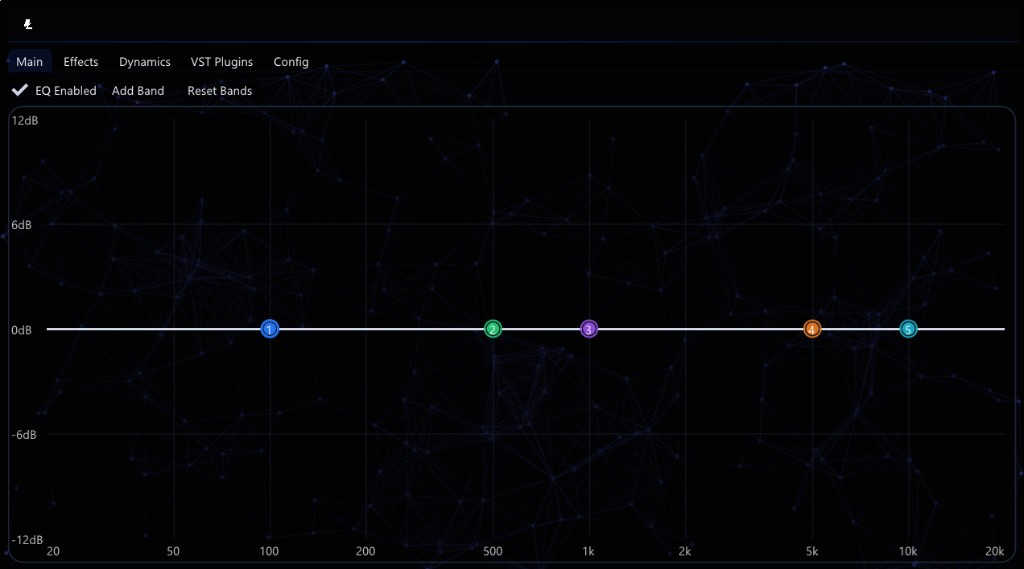 Lightcord Premium external EQ. The Main tab shows EQ Enabled, five colored bands sitting on the 0 dB line from 100 Hz to 10 kHz.